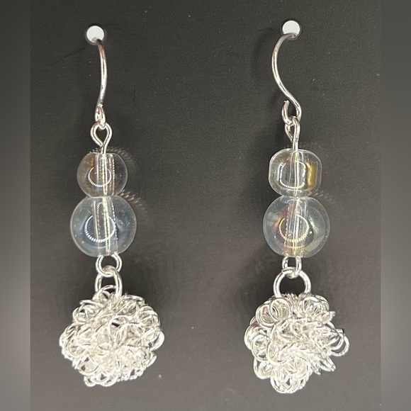 Silver Tone and Clear Beaded Earrings w/ Wire Cluster and SS Ear Wires - Picture 2 of 3